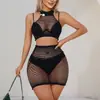 Ropa Interior Sexy Transfronteriza Nueva Traje de Seda Negra de Alta Elasticidad Conjunto de Dos Piezas Superior e Inferior Hueco Ropa para Mujer