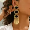 1 Par de Pendientes de Cadena con Borlas Martilladas y Piedra Preciosa Ovalada con Patrón Hueco Vintage, con una Sensación de Lujo Ligero y Alta Gama