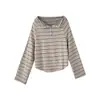 Camiseta Casual Solta Emagrecedora Feminina Design Sense Listrada Retrô Manga Longa Ombro a Ombro