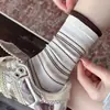 Calcetines Rayados Azul Grisáceos Estilo Coreano para Mujer, Calcetines de Media Pantorrilla, Calcetines para Mujer de Algodón Peinado, Calcetines Lindos de Cachorro de Dibujos Animados Estilo Japonés de Moda