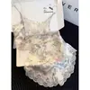Puro Deseo Estilo Dulce Camisola de Encaje Floral con Shorts Conjunto de Pijama para Mujer Modelo de Verano Seda de Hielo Sexy Agradable al Tacto Conjunto de Ropa para el Hogar