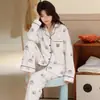 Novos Pijamas de Algodão para Mulheres, Simples com Listras de Desenho Animado e Bolinhas, Cardigan com Lapela, Pode Ser Usado Fora de Casa, Roupa de Casa, Conjunto de Manga Longa