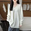 Suéter casual de punto 100% lana con cuello en V para mujer, holgado y versátil, de longitud media, adecuado para otoño e invierno, se puede usar como capa base o como vestido suéter