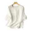 Blusa de Algodão e Linho com Manga Média Bordada Feminina Solta Artística Vintage Camiseta de Algodão e Linho Verão Fina Roupas Zen para Chá Soltas Femininas