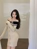 Vestido de malha estilo Hong Kong, socialite da moda, gola única, outono, slim fit, saia interna de fundo doce, saia curta que cobre o quadril para mulheres