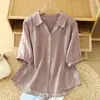 Camisa de linho de manga curta com lapela, moderna e estilosa, para mulheres, top soltinho de verão para mães que cobre a barriga, feito de linho e algodão