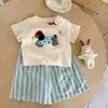 Conjunto de Verano para Niñas 2025 Nuevo Camiseta de Dibujos Animados de Dachshund Pantalones Anchos Rayados para Niños Conjunto de Falda para Niñas