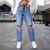 Ventas Directas de Fábrica Transfronterizas Europeas y Americanas Pantalones de Pierna Ancha Lavados Rotos Jeans Largos de Pierna Recta Pantalones Casuales para Mujer