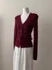 Cárdigan de punto negro estilo francés con cuello en V de un solo botón, suéter base suave de punto ajustado para mujer de principios de otoño