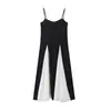 Vestido de Verano Nuevo para Mujer Europea y Americana, Escote en V, Tubo, Tirantes, Combinación de Colores Blanco y Negro, Caída, Dobladillo Grande, Vestido Falda Larga