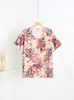 Camiseta de Manga Corta con Cuello en V y Estampado Floral de Algodón y Seda, Nueva de Verano 2025, Suelta Casual para Casa
