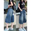 Pantalones vaqueros cropped rectos azules de verano finos de tiro alto para mujer talla grande, holgados y adelgazantes, de tres cuartos y pierna ancha