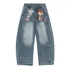 Jeans Scimitar con Estampado de Oso para Hombre y Mujer en Otoño e Invierno Nuevos Pantalones de Pierna Ancha Lavados Desgastados de Alta Calle con Pantalones Holgados Caídos
