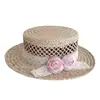 Chapéu de Palha com Laço de Renda Estilo Fada e Topo Plano para Mulheres, Chapéu de Sol de Palha para Verão, Chapéu de Praia de Palha Trançado à Mão com Renda