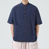Verão 2025 Novo Estilo Chinês Cor Sólida Gola Alta Algodão e Linho Retrô Terno Tang Estilo Chinês Camiseta Top Masculino Retrô Tendência