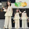 Conjunto de Verano para Niñas 2026 Estilo Nuevo: Conjunto de dos piezas para niña: Blusa tipo muñeca con mangas acampanadas y Pantalones anchos de verano para niños grandes