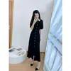 Vestido Longo Elegante Estilo Hepburn com Gola Peter Pan de Renda, Mangas Bufantes, Ajustado ao Corpo, Tricô de Seda Gelada da Marca S Coreana