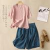 Conjunto de Camiseta de Manga Curta de Algodão e Linho para Mulheres Plus Size Moda Verão Fashion Elegante Algodão e Linho Shorts Retrô Conjunto de Duas Peças
