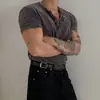 MYQ Design Sense Camiseta Masculina de Manga Curta com Gola Henry Verão Slim-Fit Fina Estilo Coreano Alto Nível para Usar e Usar