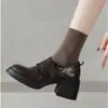 Sapatos Loafer Retro de Solado Grosso para Mulheres, Couro de Vaca, Velcro Mágico, Slip-on, Sapatos Pequenos de Couro, Para o Trabalho, Versátil, Couro Macio, Salto Grosso, Sapatos de Salto Único