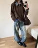 Cárdigan de punto patchwork de mezclilla con cuello para mujer, suéter chaqueta casual holgado de manga larga, nueva moda de otoño e invierno, versátil