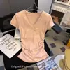 Camiseta Retrô Patchwork de Renda com Decote V de Manga Curta Estilo Francês para Mulheres, Nova Chegada Verão 2025, Top Slim-Fit Valorizador para Figuras Baixas