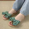 Moda de Tela Nuevo Estilo Lazo Zapatillas Domésticas de Algodón y Lino para Mujer Verano Domésticas de Suela Gruesa Zapatillas de Paja de Verano