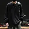 Nueva camiseta de manga larga de algodón puro Jingtao para hombre, primavera y otoño, color liso, camiseta básica, top casual holgado, camiseta de cuello redondo con capucha