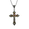 Colar Pingente Cruz Estilo Gótico Vintage com Pedras de Âmbar Liga de Zinco Joia Religiosa para Homens e Mulheres Design Intrincado com Pedras Amarelas Comprimento da Corrente 50cm Acessório Elegante e Espiritual
