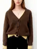 Chaqueta de punto tipo cárdigan retro de estilo francés, con bloques de color, cuello en V, aspecto de dos piezas, suéter versátil de moda para otoño e invierno