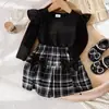 Roupas para Bebês Meninas 0-3A: Conjunto de tricô para bebê menina primavera/outono + saia xadrez, em estoque para entrega no mesmo dia