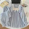 Conjunto de pijama cálido de coral polar con cuello cuadrado para mujer, estilo primavera/otoño/invierno, con ribete de encaje y forro polar, estilo princesa, adecuado para niñas como ropa de estar.