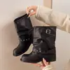 Botas de Cano Curto Botas Femininas Botas de Equitação Rebites Amassado Versátil Salto Grosso Botas Jeans Retrô Perna de Calça Acumulada Botas Western Acumuladas
