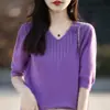 Venta al por mayor transfronteriza de suéter fino de punto para mujer, de manga corta, con cuello en V y adornos de diamantes, top casual fino de corte holgado