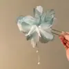 Grampo de cabelo de flor de magnólia, grampo de cabelo de estilo antigo, acessório de cabelo Hanfu, acessório de cabelo de cheongsam para mulheres, grampo de metal com pérola e franja, grampo de cabelo de jade