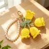 Llavero de cadena de perlas de ganchillo estilo Ins, accesorio para bolso, cadena de flores terminada, amuleto colgante femenino
