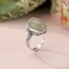 Anel Yilu Prata S925 Prata Esterlina Jade Natural Hetian Jade Qingshui Anel de Prata Aberto com Superfície de Ovo de Espiga de Trigo Desgastada Vintage