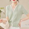 Cárdigan de Punto Transparente con Bloques de Color y Cuello en V de Manga Corta para Mujer, Seda de Hielo, Versátil, de Botones, Capa Base de Verano