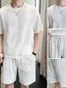 Traje Casual de Seda de Hielo para Hombre Verano Tendencia Celebridad de Internet Camiseta de Color Sólido Pantalones Cortos de Manga Corta Conjunto de Dos Piezas Atractivo