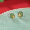 Yuebao Joias Prata de Lei S925 Banhado a Ouro Jade Hetian Jaspe Cor Vintage Banhado Folha de Bambu Brincos Brincos Redondos