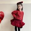 Cárdigan Suéter para Niñas Otoño e Invierno 2026 Nuevo Estilo Atuendo de Año Nuevo para Niñas Tejido de Punto Rojo Ropa de Año Nuevo para Niños de Invierno