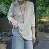 Camiseta Manga Longa Gola Redonda Listrada Fina Preto e Branco Estilo Coreano Preguiçoso para Mulheres Levemente Transparente Solta Ombro Caído Proteção Solar Cover-up