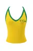 Conjunto casual de dos piezas para mujer estilo americano en bloques de color amarillo y verde, con un top halter de cuello en V, shorts ajustados a la cadera con cordón y una diadema a juego
