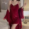Guiruo Sexy Collar Cor Sólida Veludo Dividido Deslize Camisola Vestido Simples Confortável Senhoras Terno de Casa 2821