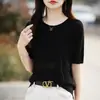 Camiseta Feminina de Algodão Puro com Gola Redonda, Tricô Vazado, Manga Curta, Nova Versátil de Verão, Top Fino de Manga Curta Estilo Coreano