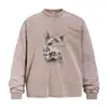 Camiseta masculina de manga comprida com estampa abstrata de Doberman desgastada, estilo high street europeu e americano, lavada e desgastada, top casual de gola redonda