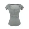 Camiseta de Nuevo Estilo para Verano con Pliegues Abotonados al Frente, Cintura Ceñida, Corte Ajustado, Bordes Fruncidos, Estilo Ins Americano, Cuello Cuadrado, Top de Manga Corta