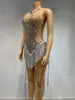 STOCK Vestido de Escenario Sexy con Borlas de Pedrería Transfronterizo Malla Transparente Ajustado para Discoteca Actuación de Celebridad Todo en Uno