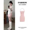 Vestido Bodycon Rosa de Alça Fina, Roupa Doce de Menina, Deslumbrante Saída de Praia de Verão, Lindo Look de Início de Primavera para Mulheres