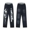 Serie H-Start Pantalones Casuales de Pierna Ancha Sueltos con Estampado de Retrato Vintage Lavado Retro Europeo y Americano con Cordón
